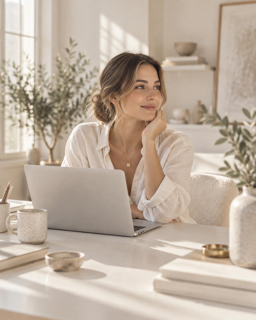 Creative strategist working in a warm, light-filled studio